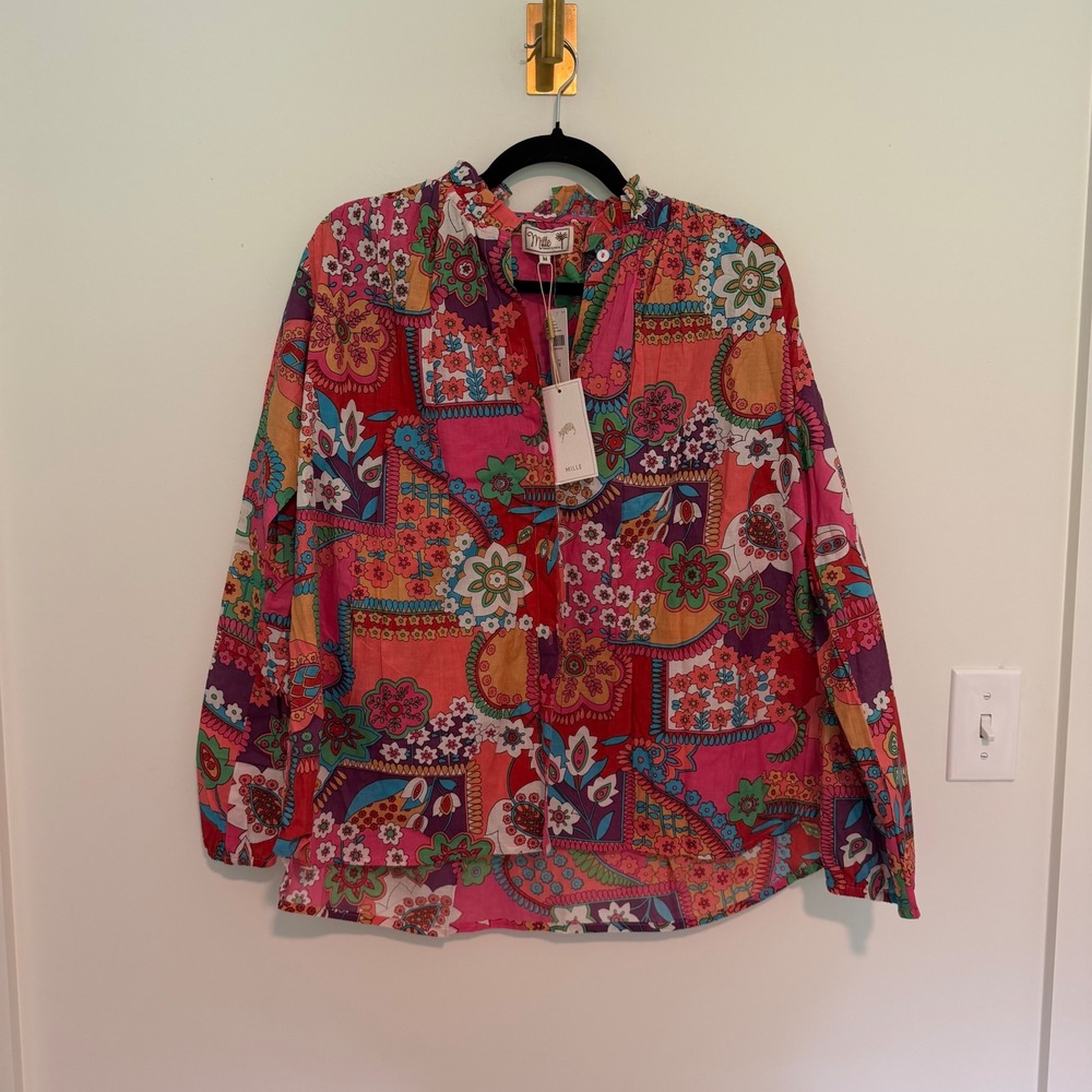 Mille Resort & Travel Pink Combo Floral Patchwork Ruffle Blouse NWT Medium